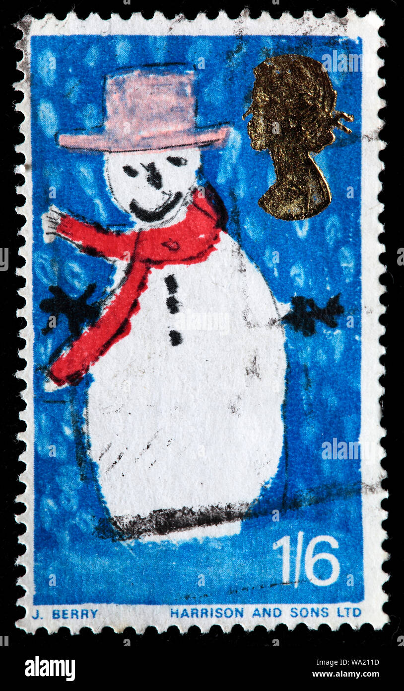 Pupazzo di neve, i bambini della pittura, Felice Natale, francobollo, UK, 1966 Foto Stock