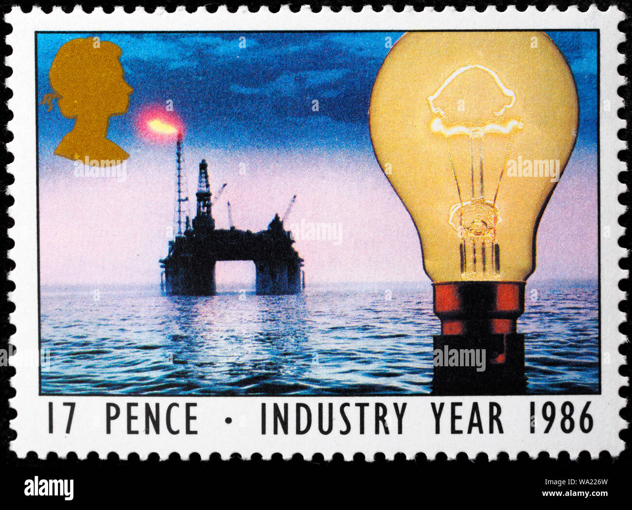 Lampadina della luce, il petrolio del Mare del Nord la foratura, energia, industria anno, francobollo, UK, 1986 Foto Stock