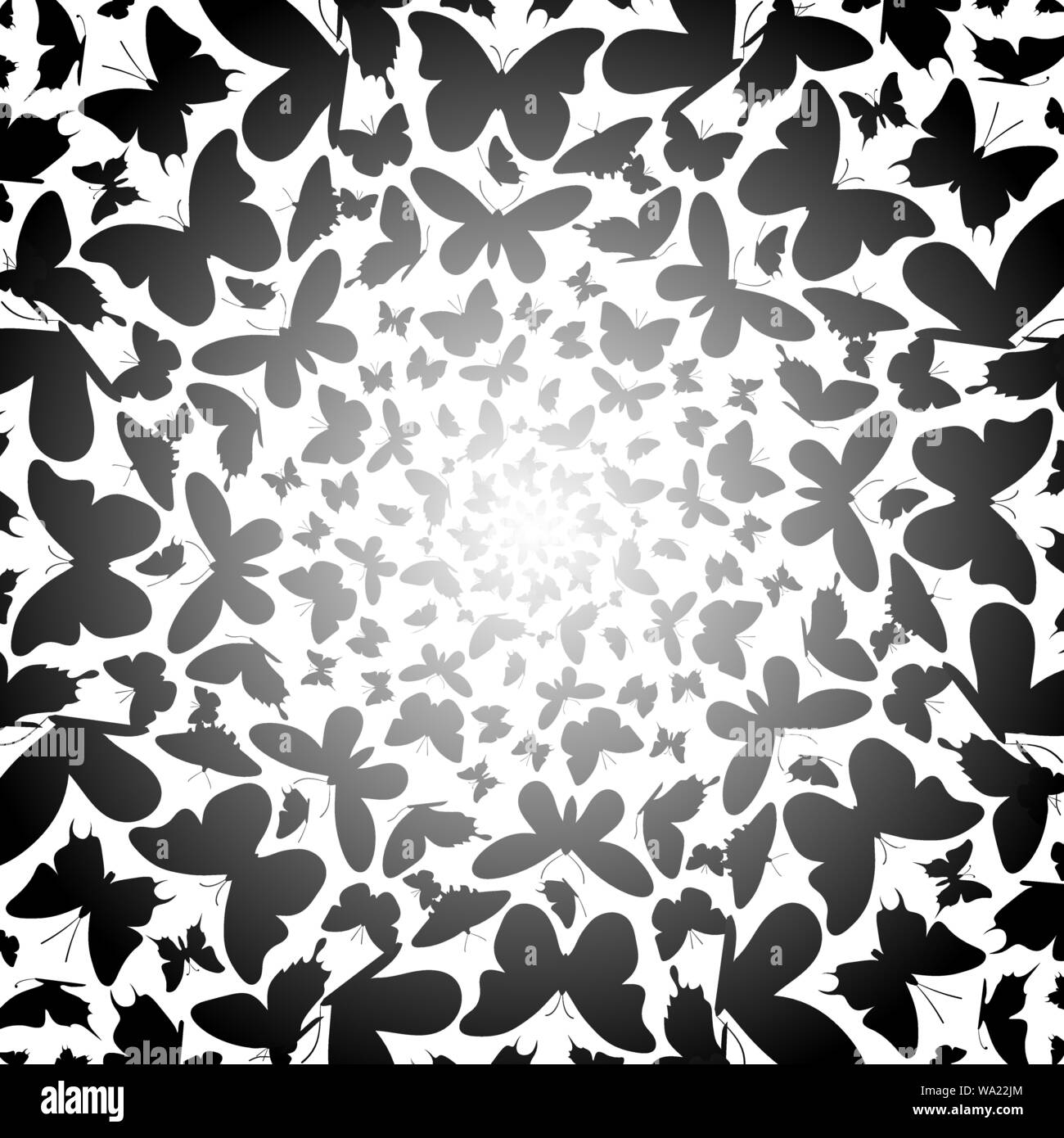 Gradiente bianco con sfondo nero silhouette di farfalle Illustrazione Vettoriale