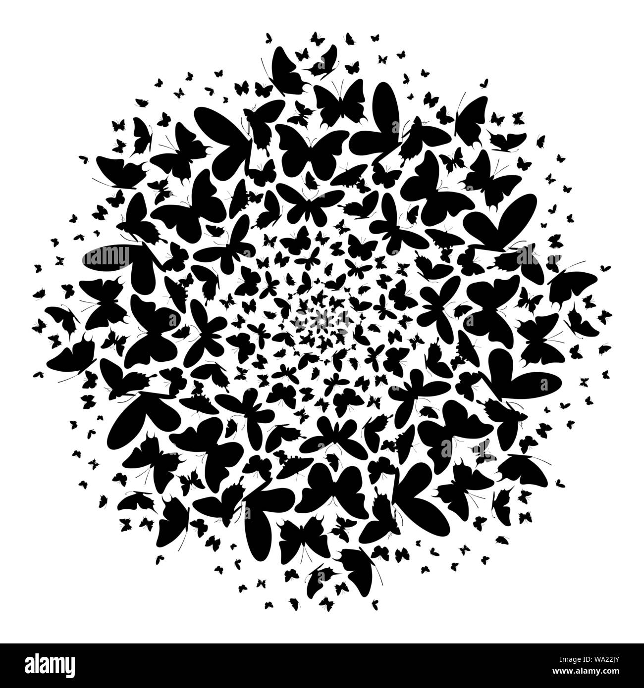 Sfondo bianco con il nero silhouette delle farfalle di turbolenza del cerchio Illustrazione Vettoriale