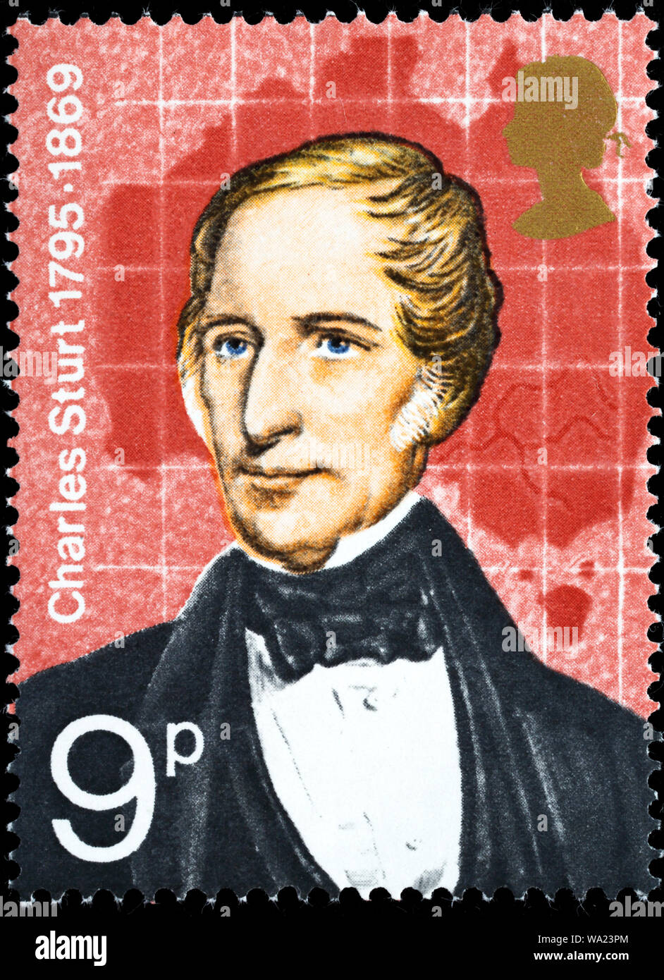 Charles Sturt (1795-1869), esploratore britannico, francobollo, UK, 1973 Foto Stock