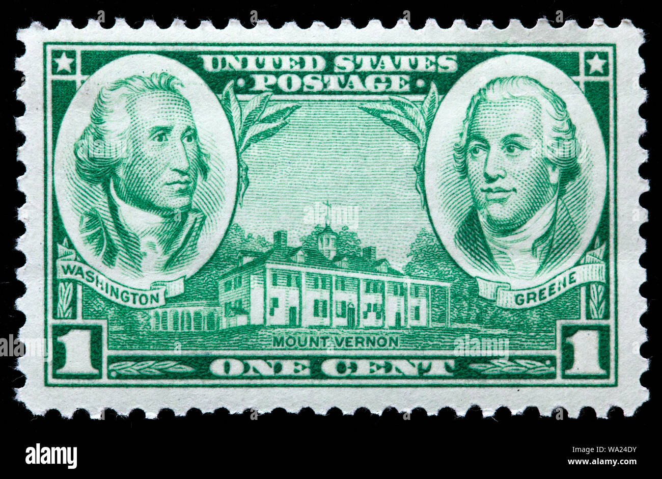 George Washington (1732-1799), Natanaele Greene (1742-1786), il maggiore generale dell'esercito continentale, Mount Vernon, francobollo, USA, 1936 Foto Stock