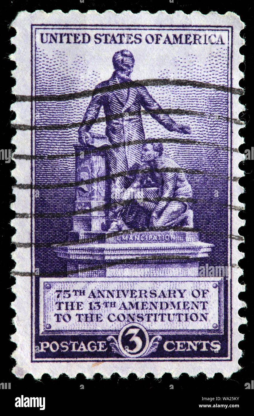 Monumento di emancipazione, Lincoln e inginocchiato Slave, tredicesimo emendamento alla costituzione, francobollo, USA, 1940 Foto Stock
