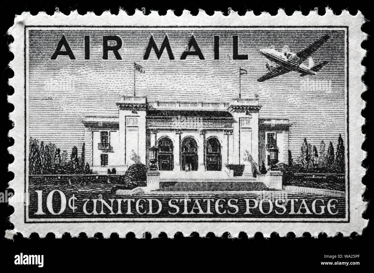 Pan American Union Building, Washington D.C., Martin 2-0-2 aereo, Air mail, francobollo, USA, 1947 Foto Stock