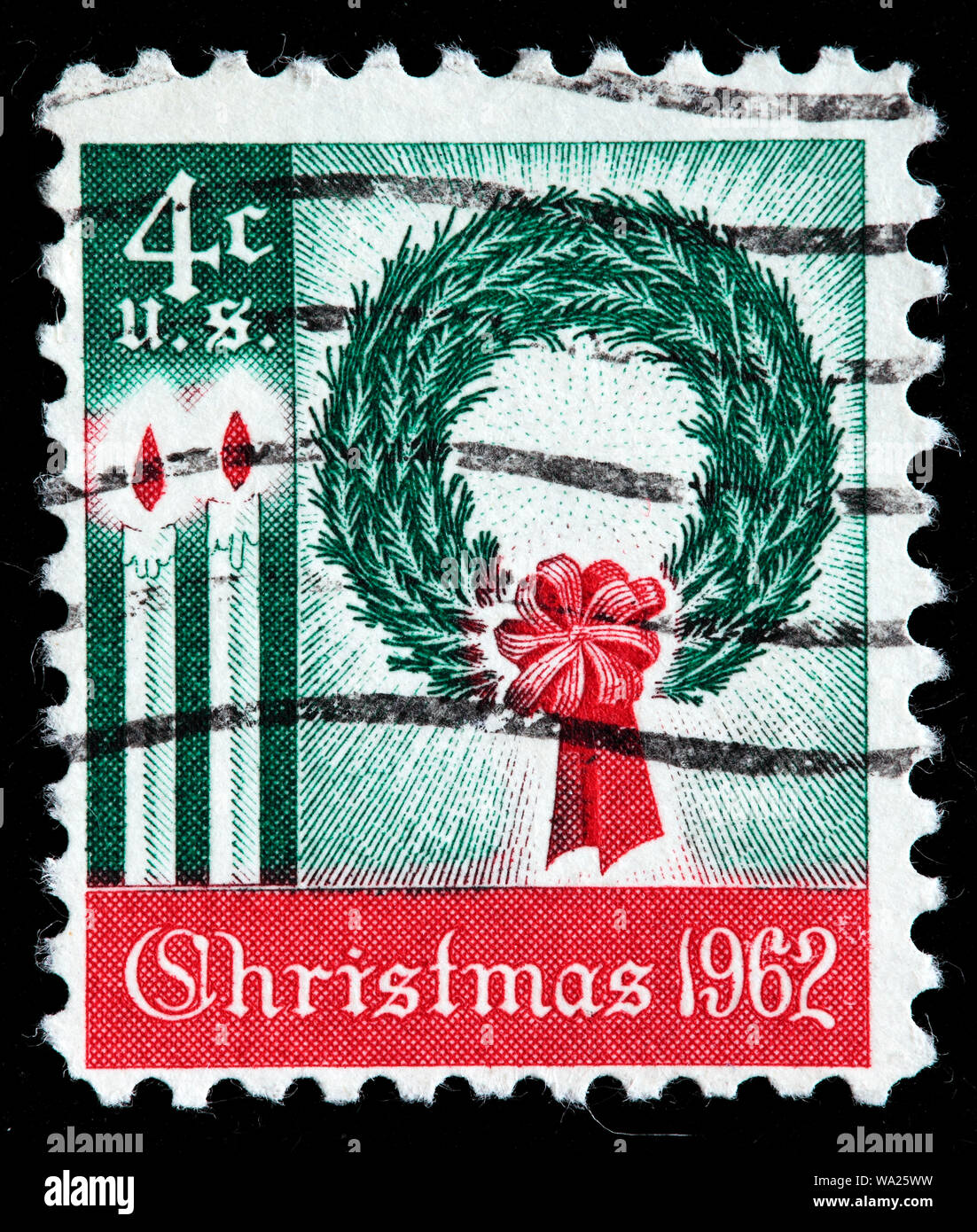 Felice Natale corona di fiori e candele, francobollo, USA, 1962 Foto Stock