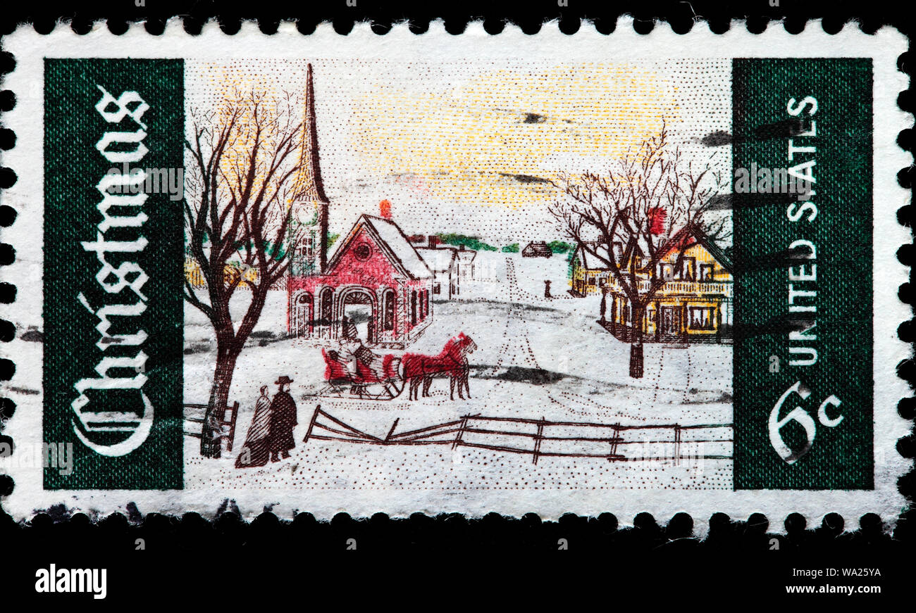 Felice Natale, Street nella città di inverno, francobollo, USA, 1969 Foto Stock