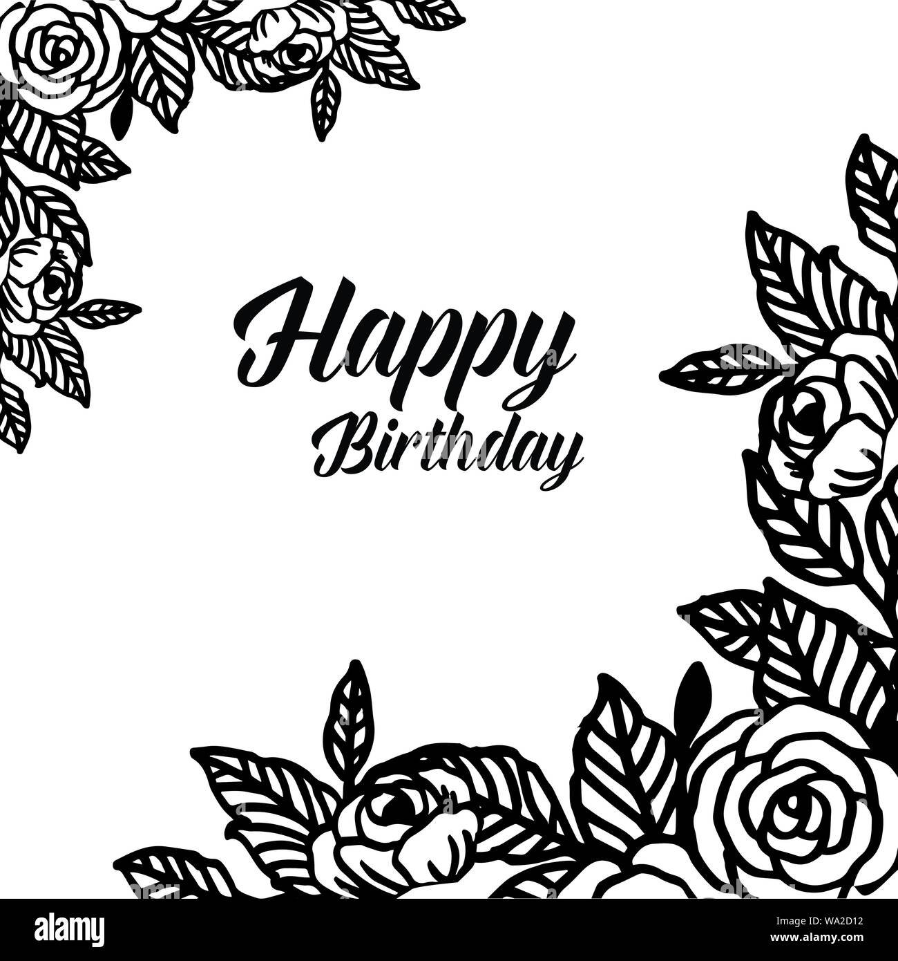 Decorazione bianco nero telaio ghirlanda, vintage biglietto di auguri di buon compleanno. Illustrazione Vettoriale Immagine e Vettoriale - Alamy