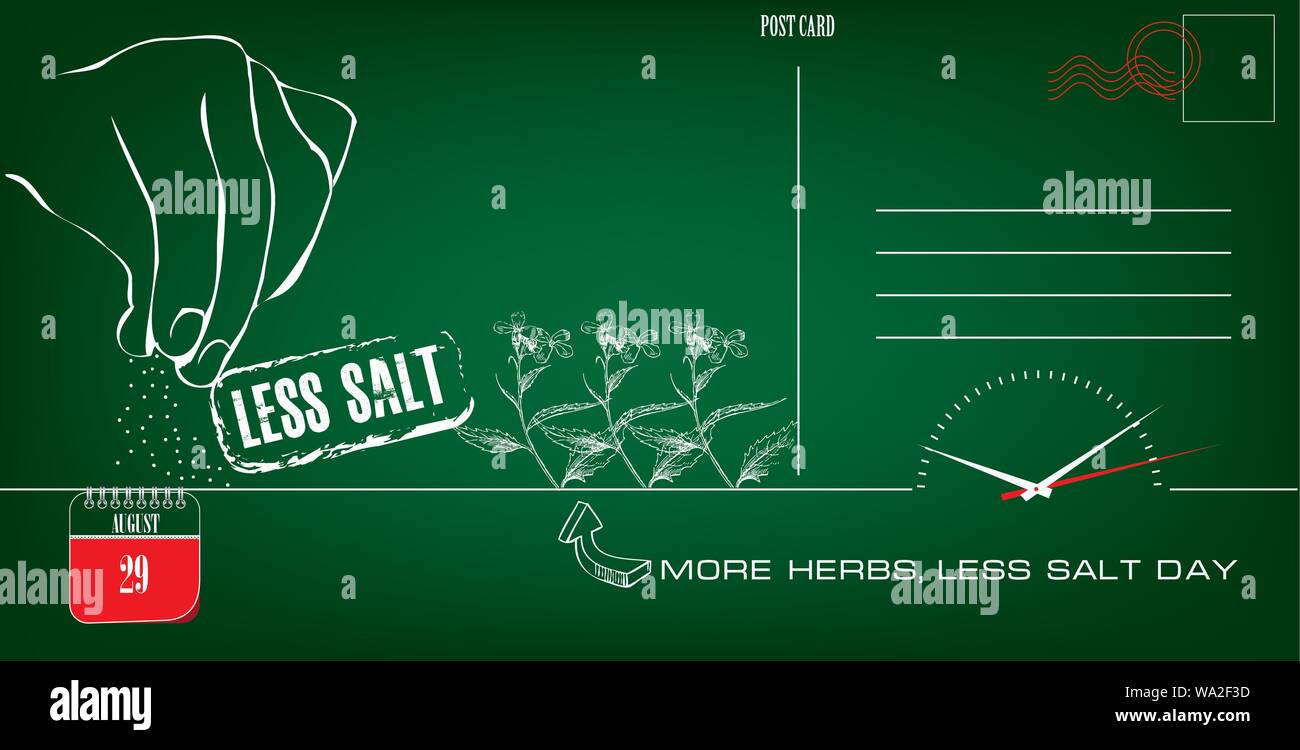 Cartolina postale per la data più erbe, meno di sale al giorno. Le date per le vacanze in agosto. Illustrazione Vettoriale
