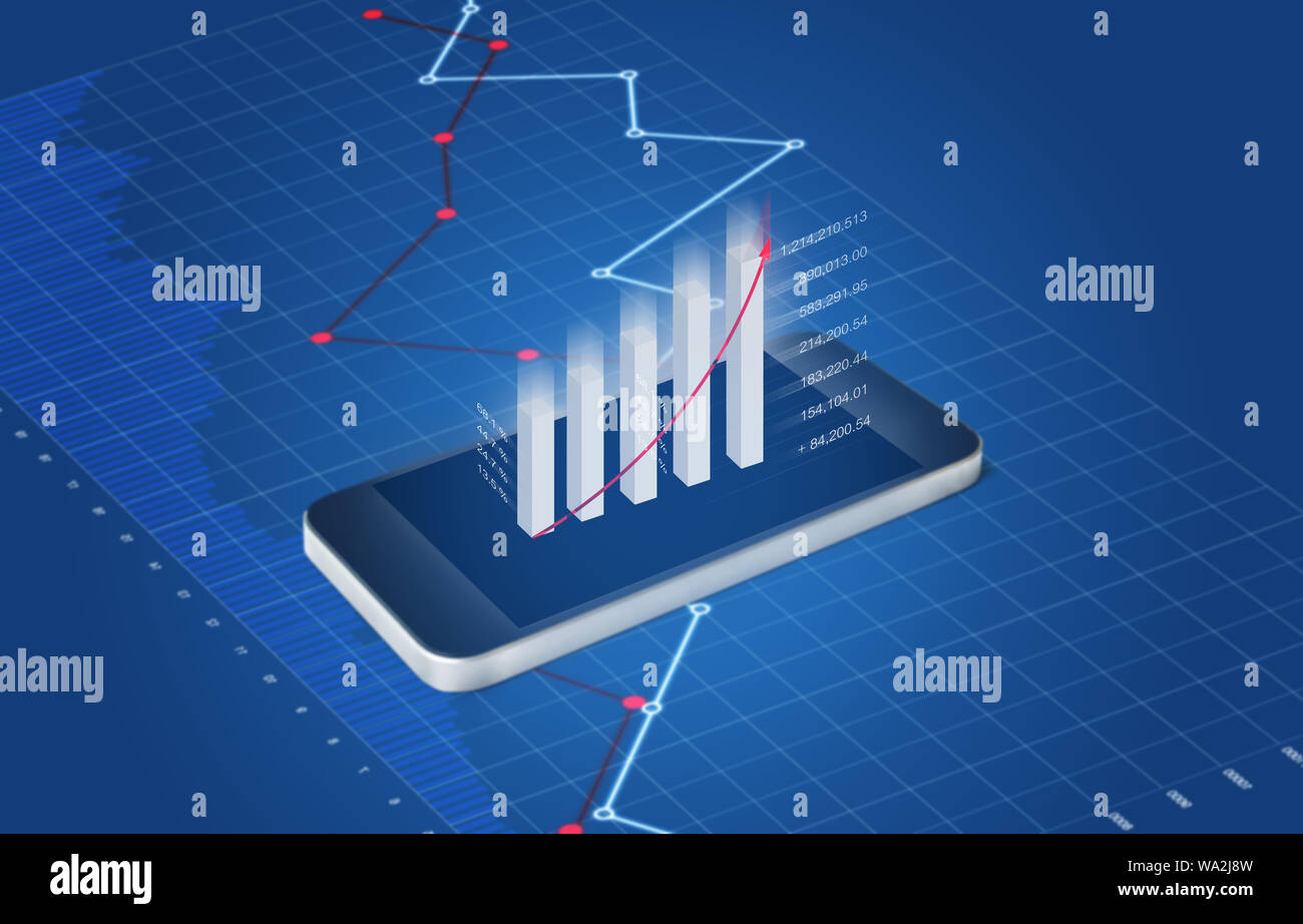Le analisi di dati finanziari , business e la crescita degli investimenti. Alzando il grafico a barra al di fuori del mobile smart schermata telefono Foto Stock