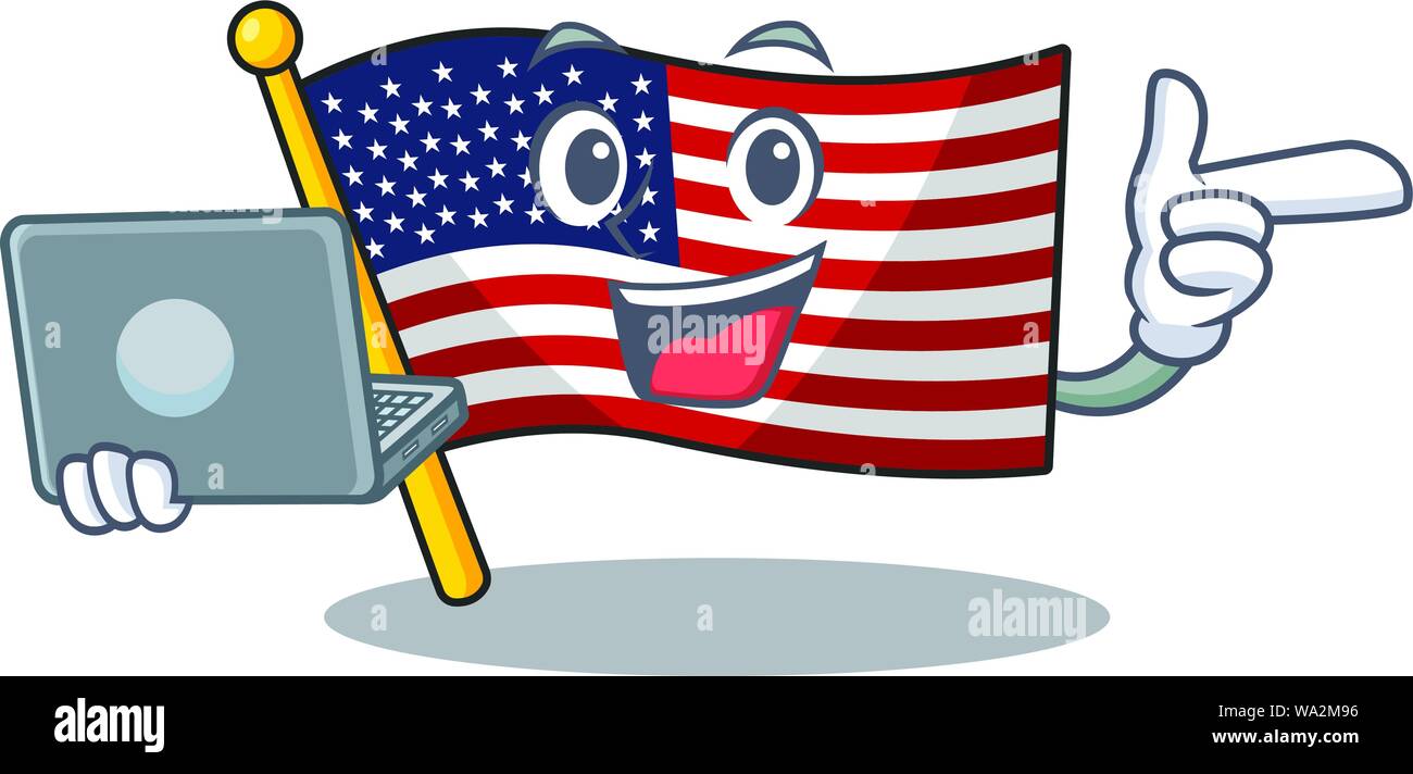 Con il computer portatile bandiera america isolata nel cartoon Illustrazione Vettoriale