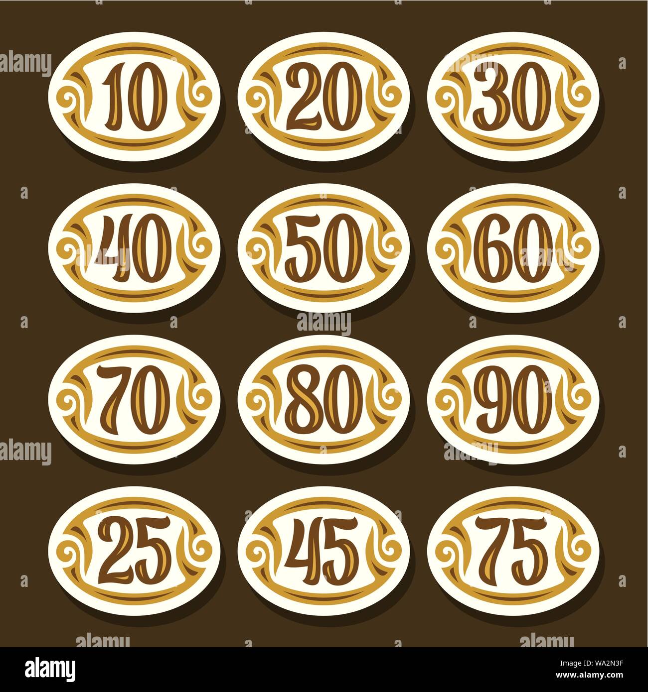 Set di vettore del numero di icone per anniversario, bianco simboli eleganti per matrimoni, raccolta di forma ovale oggetti isolati con numeri di calligrafia, illustrat Illustrazione Vettoriale