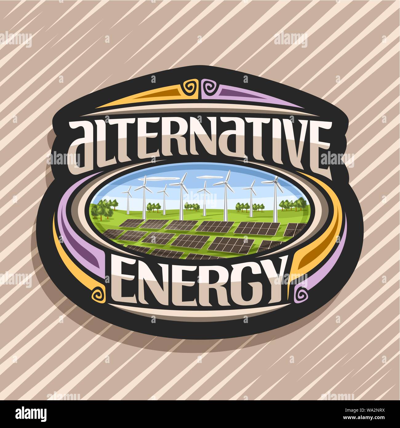 Il logo del vettore di energia alternativa, tag scuro con molti pannelli solari e di turbine eoliche in estate verde park, originali scritte per il testo alternativo en Illustrazione Vettoriale