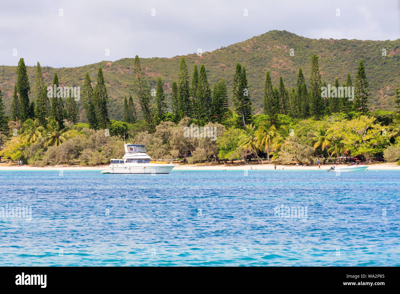 Yacht a motore che sono ancorate al largo delle Iles des pini, Nuova Caledonia, South Pacific. Foto Stock