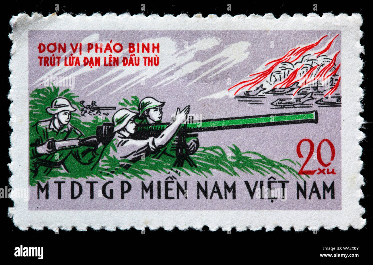 Soldati con recoilless gun, guerra di Vietnam, francobollo, Vietcong, il Fronte Nazionale di Liberazione, 1968 Foto Stock