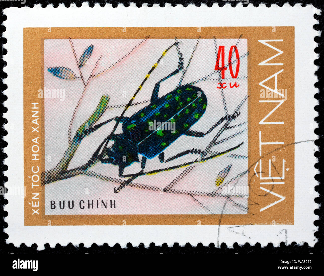 Verde-spotted Capricorno beetle, Cerambyx, francobollo, Vietnam, 1977 Foto Stock