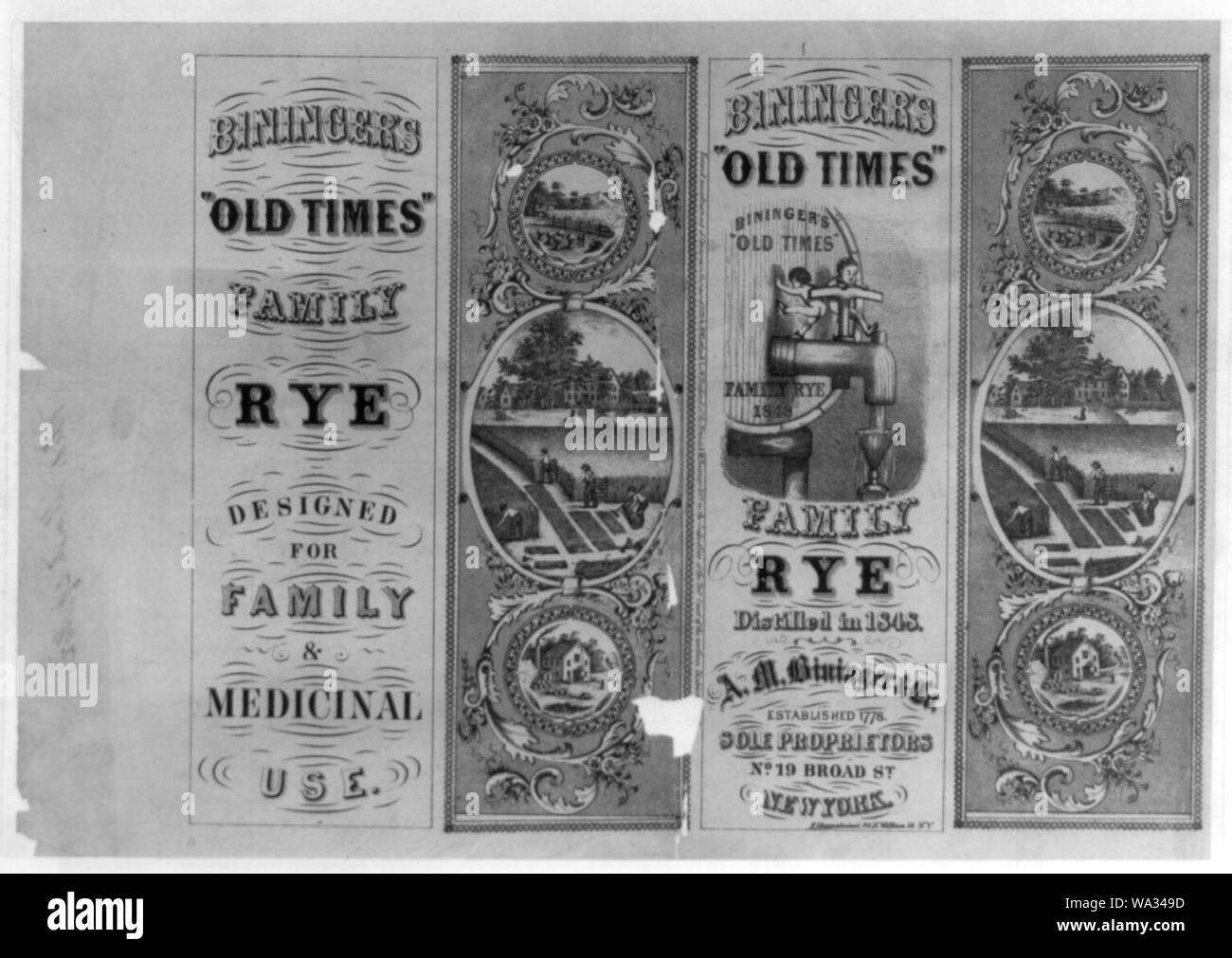Bininger del vecchio Timesfamily segale, distillata in 1848...progettato per la famiglia & uso medicinale Foto Stock