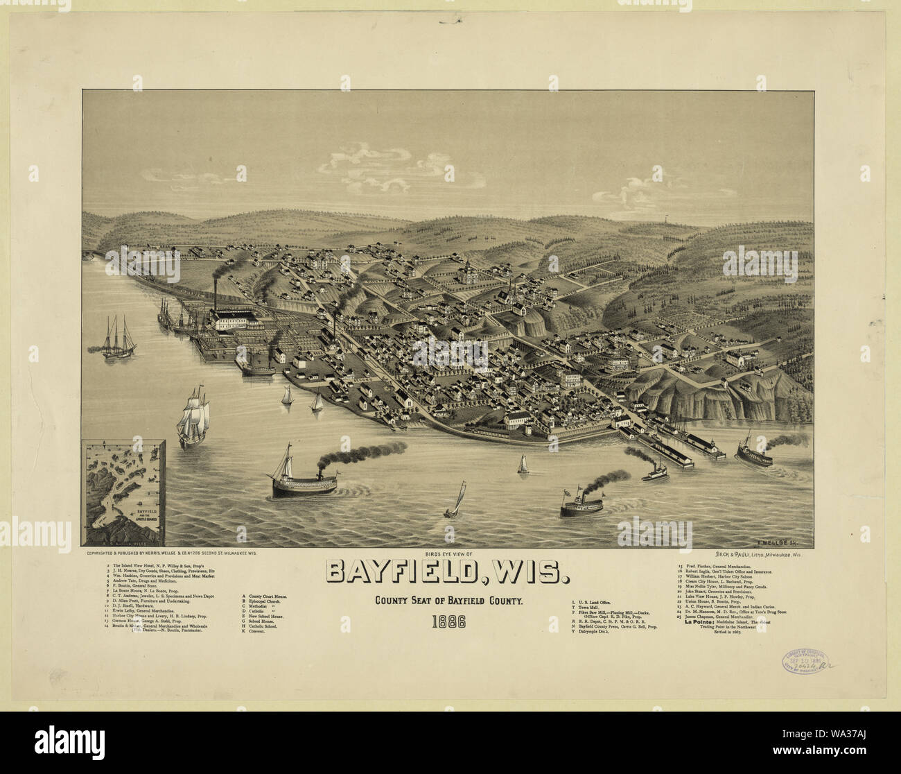 Panoramica di Bayfield, Wis., sede della contea di Bayfield County--1886 / H. Wellge sk. ; Beck & Pauli, litio., Milwaukee, Wisconsin Foto Stock
