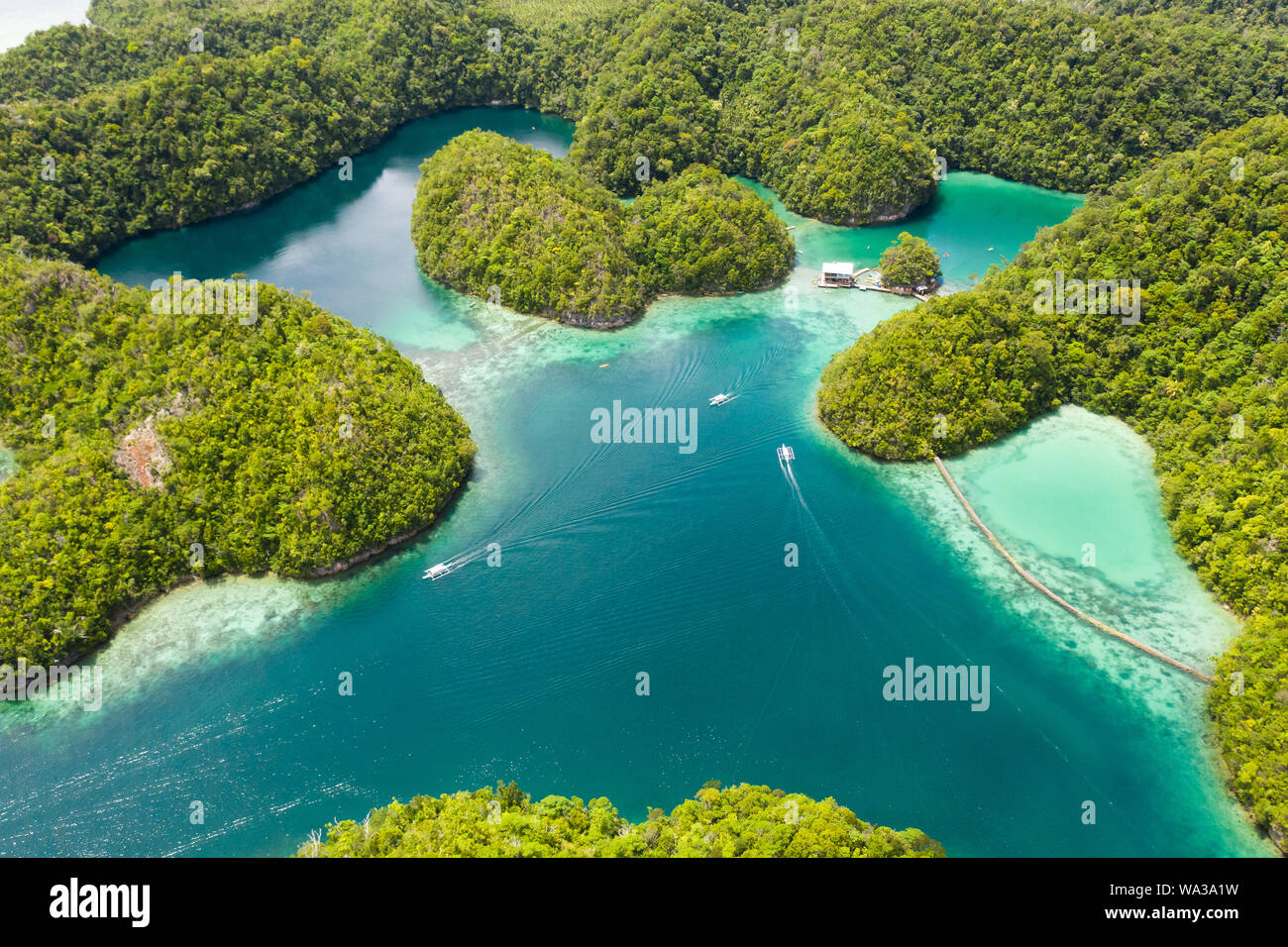 Cove e laguna blu tra piccole isole coperte di foresta pluviale. Laguna di Sugba, Siargao, Filippine. Veduta aerea della laguna di Sugba, Siargao, Filippine. Foto Stock