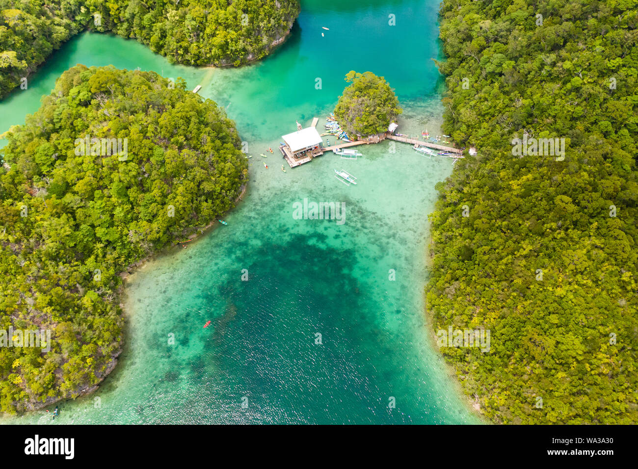 Cove e laguna blu tra piccole isole coperte di foresta pluviale. Laguna di Sugba, Siargao, Filippine. Veduta aerea della laguna di Sugba, Siargao, Filippine. Foto Stock