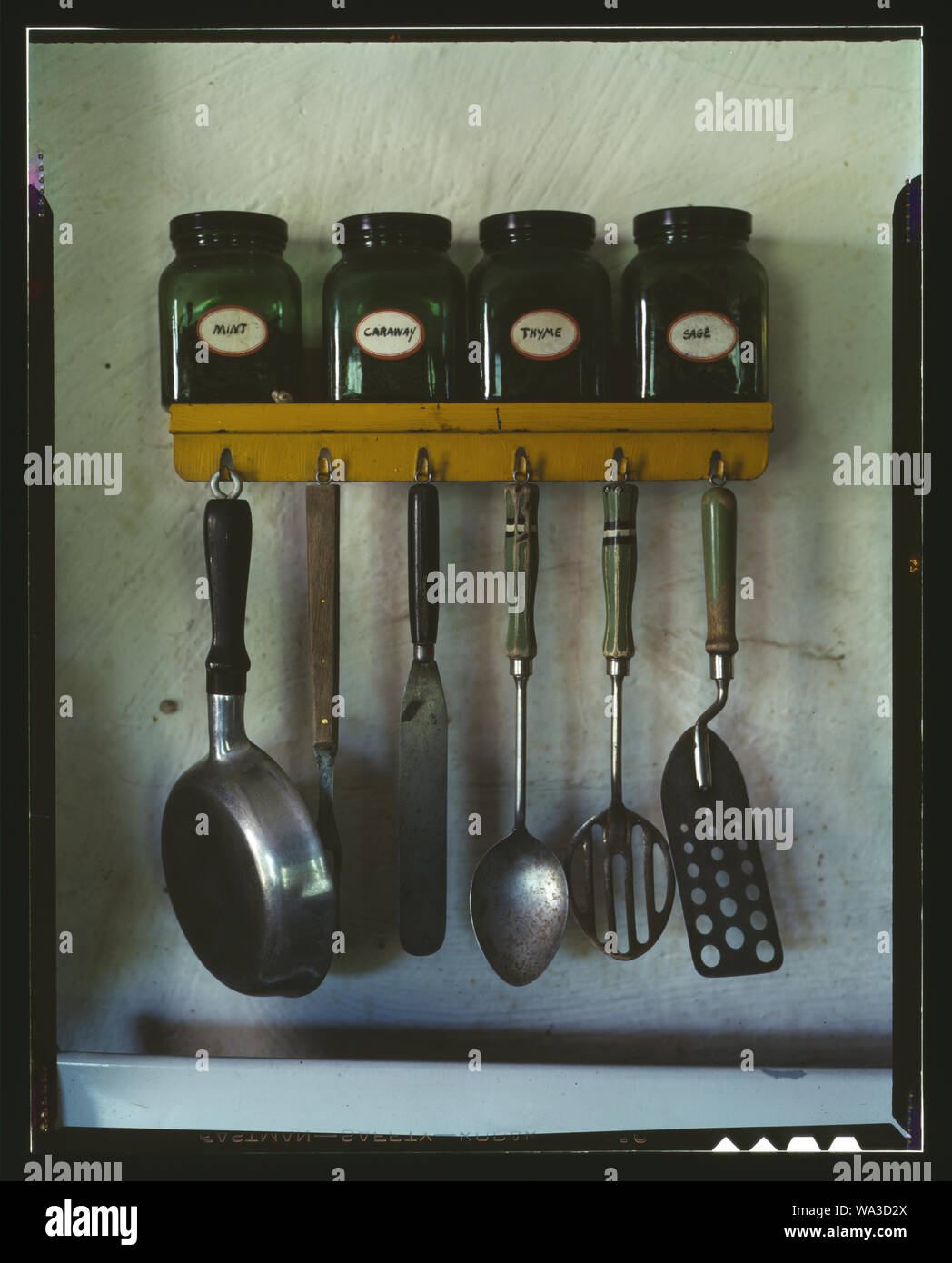 Birmingham (vicino a Detroit, Michigan. Utensili da cucina appeso al di sotto di un cestello porta spezie con la menta, cumino, timo e vasetti di salvia Foto Stock