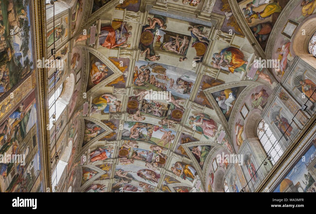 Cappella Sistina, soffitto affrescato da Michelangelo Buonarroti, creazione di Adamo, Vaticano, Roma, Lazio, Italia Foto Stock