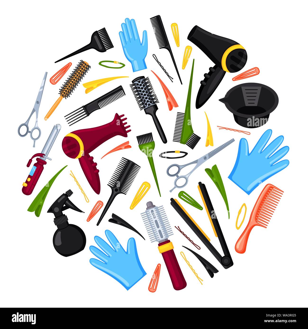 Coloratissimo cartoon parrucchiere concetto strumenti Illustrazione Vettoriale
