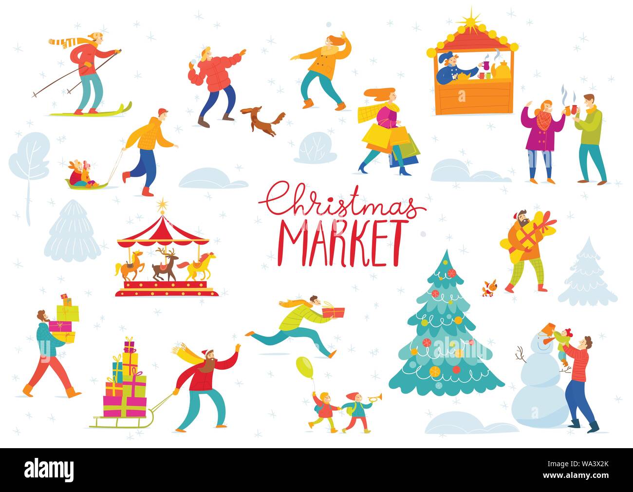 Vettore di carino Natale mercato invernale design per vacanza con lo shopping e le persone attive Illustrazione Vettoriale