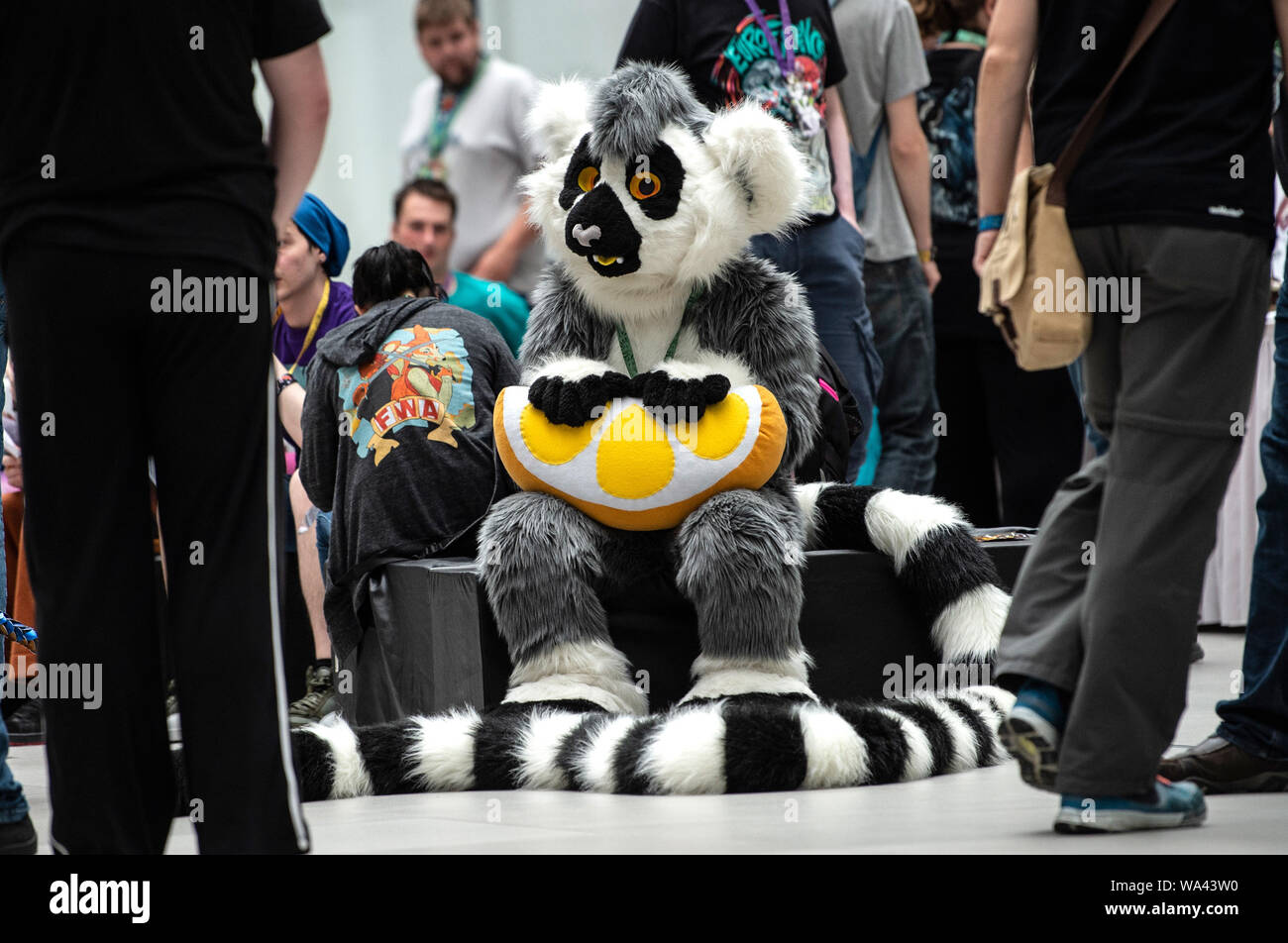 Berlino, Germania. 17 Ago, 2019. Un partecipante del 'Eurofurence" si siede in Hotel ESTREL. La convenzione annuale riunisce persone che hanno una propensione per i costumi di pelliccia. Credito: Paolo Zinken/dpa/Alamy Live News Foto Stock