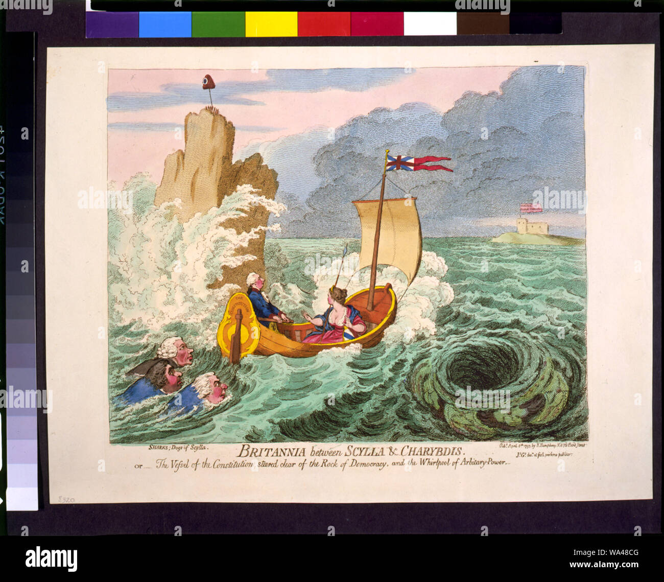 Britannia tra Scilla e Cariddi. o - la nave della Costituzione sterzato chiaro della roccia della democrazia, e la vasca idromassaggio di Arbitrary-Power / Js. Gy. desn. et fect. pro bono publico. Foto Stock