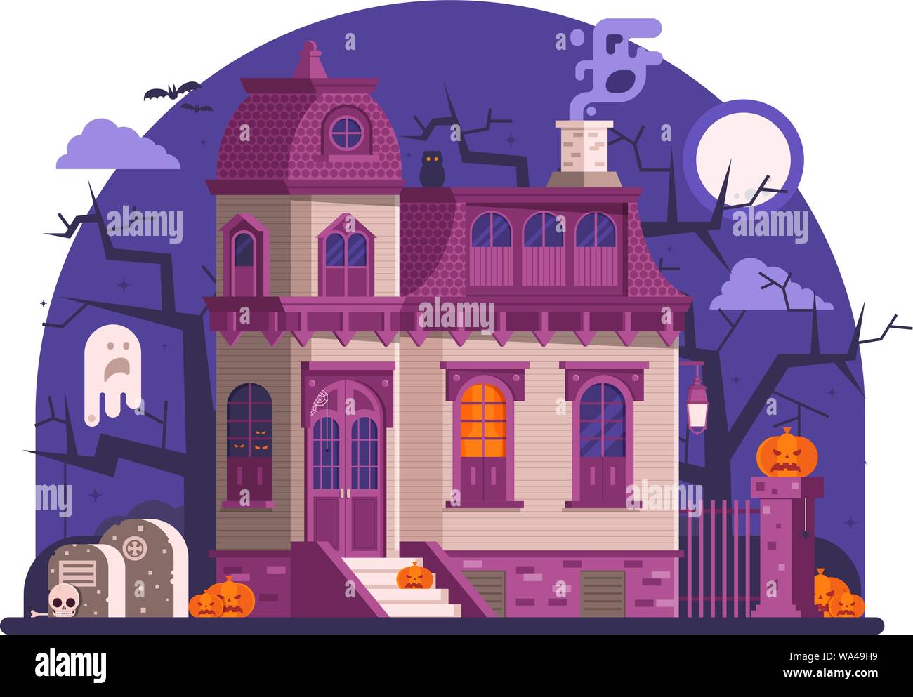 Haunted Halloween Ghost House scena in Flat Illustrazione Vettoriale