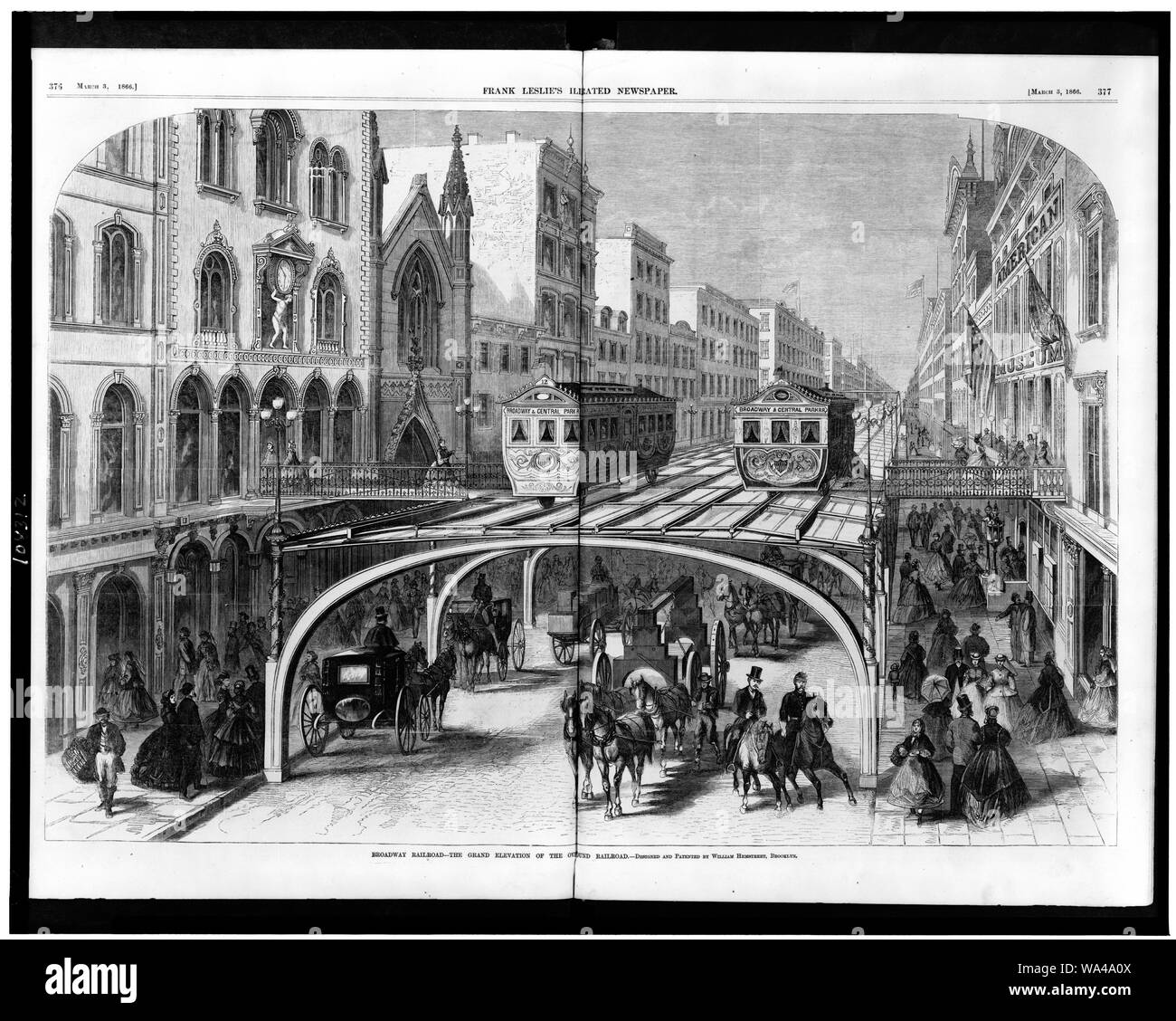 Ferrovia di Broadway - il grand elevazione del overground railroad / progettato e brevettato da William Hemstreet, Brooklyn. Foto Stock