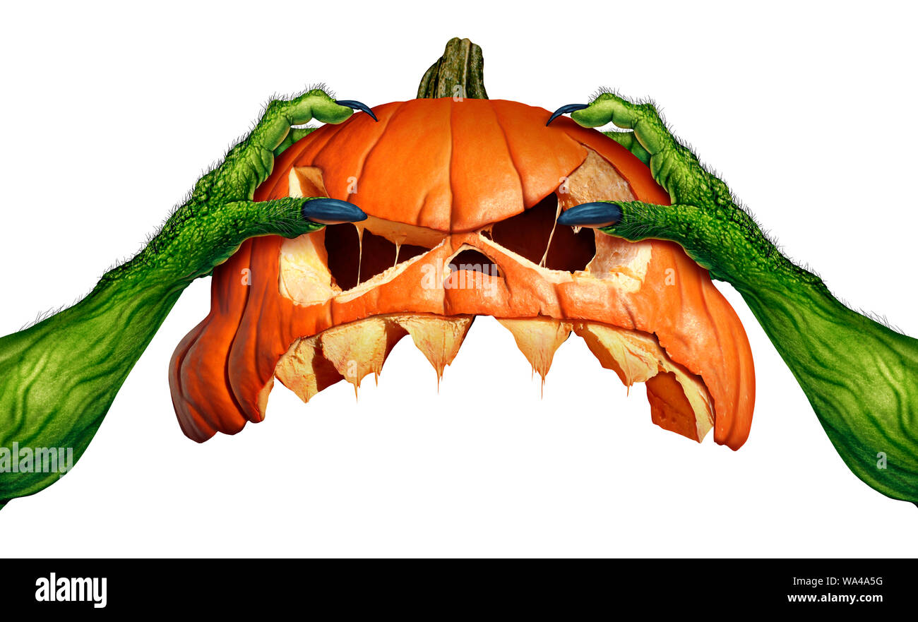 Monster Zucca di Halloween orco verde mani creepy testa di zucca jack o lanterna che è come un autunno simbolo stagionale per un film horror e spooky. Foto Stock