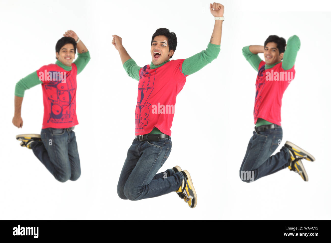 Immagini multiple di un giovane che salta a mezz'aria Foto Stock
