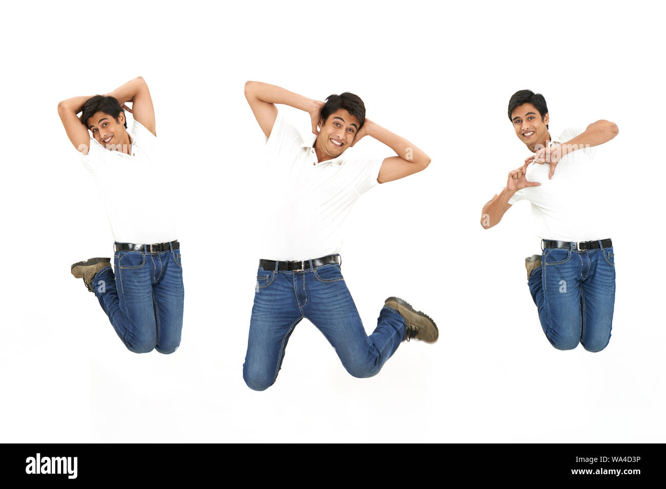 Immagini multiple di un giovane che salta a mezz'aria Foto Stock