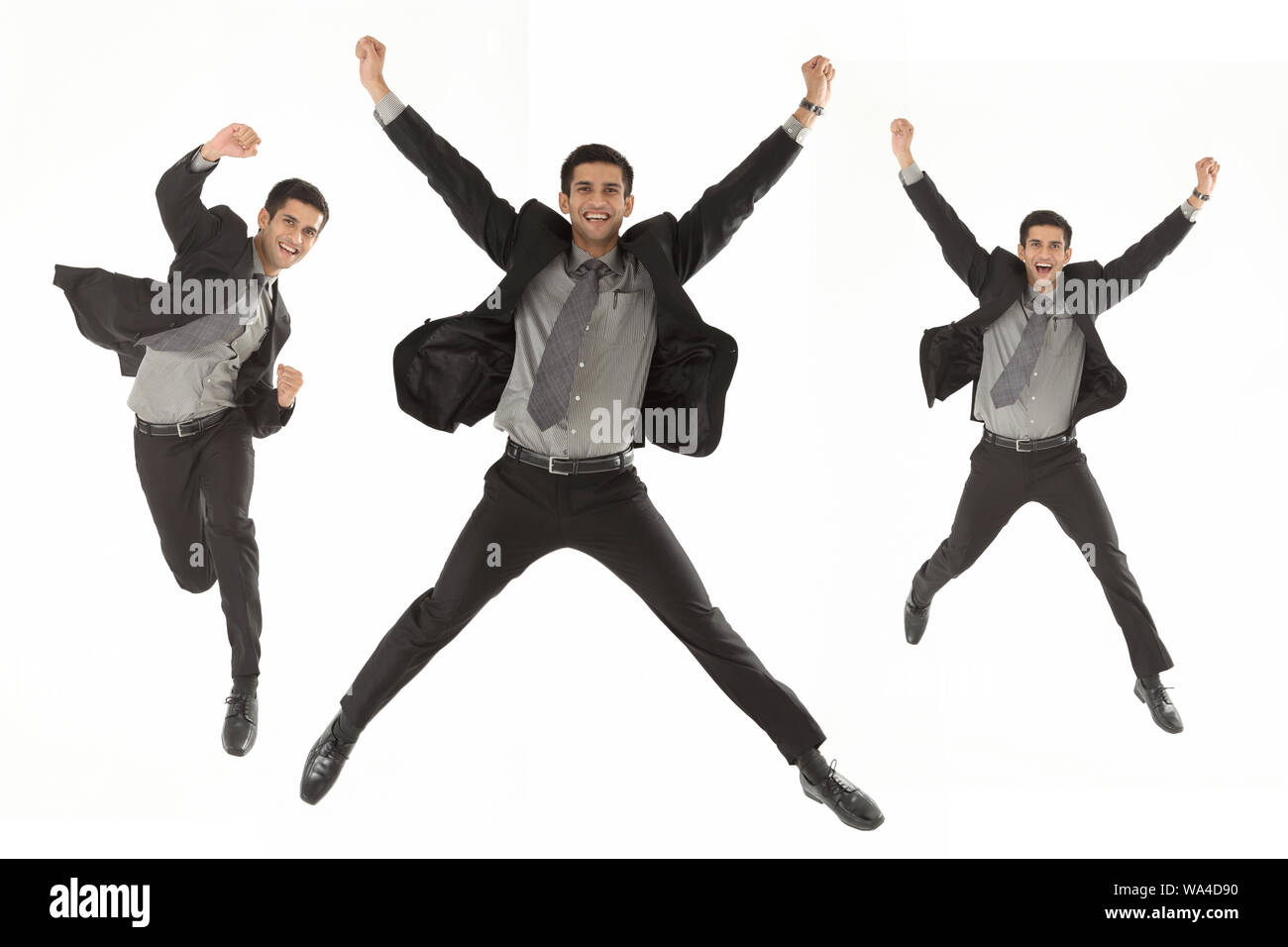 Immagini multiple di un uomo d'affari che corre e sorride Foto Stock