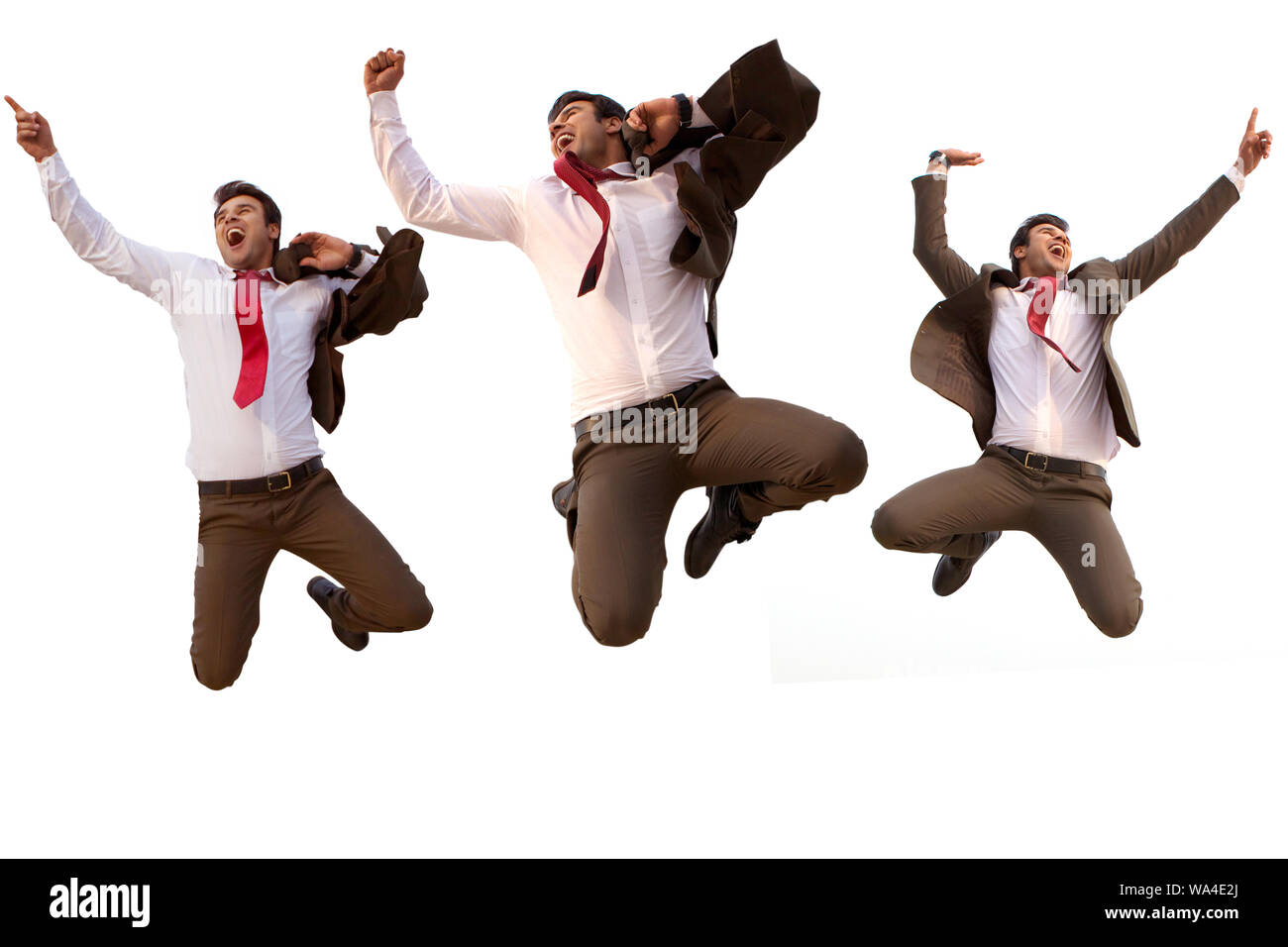 Immagini multiple di un uomo d'affari che saltano in aria Foto Stock