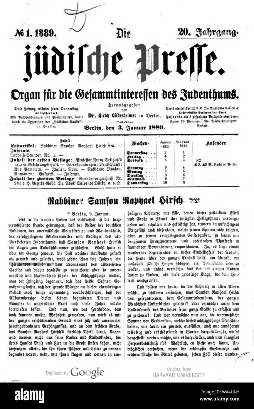 Die Jüdische Presse. 20.Jahrg. 1889. Berlino. pag.1. Foto Stock