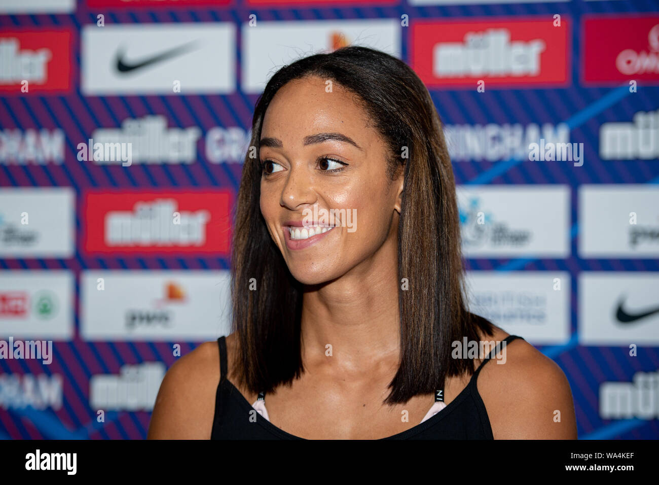 BIRMINGHAM, Regno Unito. 17 Ago, 2019. Katarina Johnson-Thompson di Gran Bretagna (salto in lungo - mondiali indoor Campione del pentathlon) durante il Muller Grand Prix Birmingham 2019 Pre-Event conferenza stampa presso il Crowne Plaza Hotel di Sabato, Agosto 17, 2019 a Birmingham in Inghilterra. Credito: Taka G Wu/Alamy Live News Foto Stock