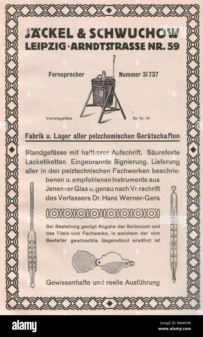 Die Kürschnerkunst, Hans Werner, 1914 (S. Anhang) Jäckel Anzeige und Schwuchow, Lipsia, Fabrik u. Lager aller pelzchemischen Gerätschaften. Foto Stock