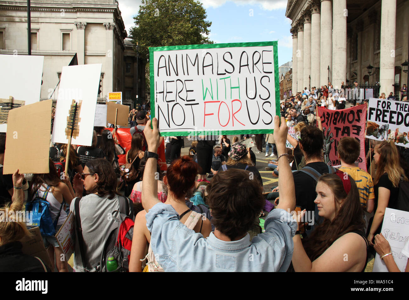 London, Regno Unito - 17 August 2019: migliaia di diritti degli animali manifestanti hanno preso ot la strada di Londra in un marzo da Park Lane a Whitehall, portando alla chiusura di strada intorno Traflagar Square il 17 agosto 2017. Il marzo fondata dal Regno Unito i diritti degli animali organizzazione Surge ha iniziato a Londra nel 2016 con 2.500 partecipanti e dal 2018 aveva raccolto una partecipazione globale di 28.000 vegani marciando in 25 città in tutto il mondo, chiedendo la fine di tutte le oppressioni degli animali. Credito: David Mbiyu/Alamy Live News Foto Stock