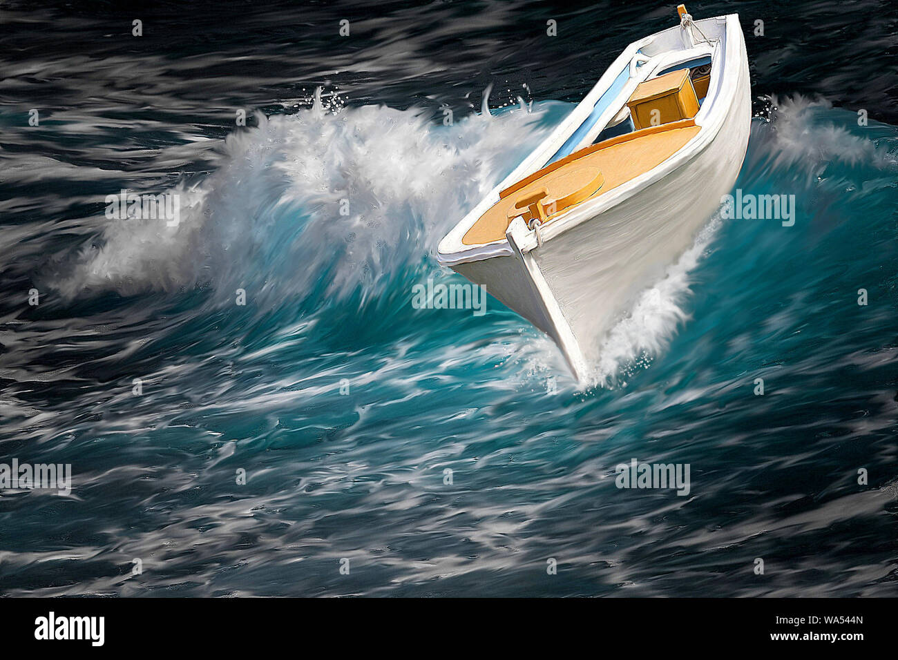Pittura artistica di una imbarcazione essendo portato dalle onde del mare Foto Stock