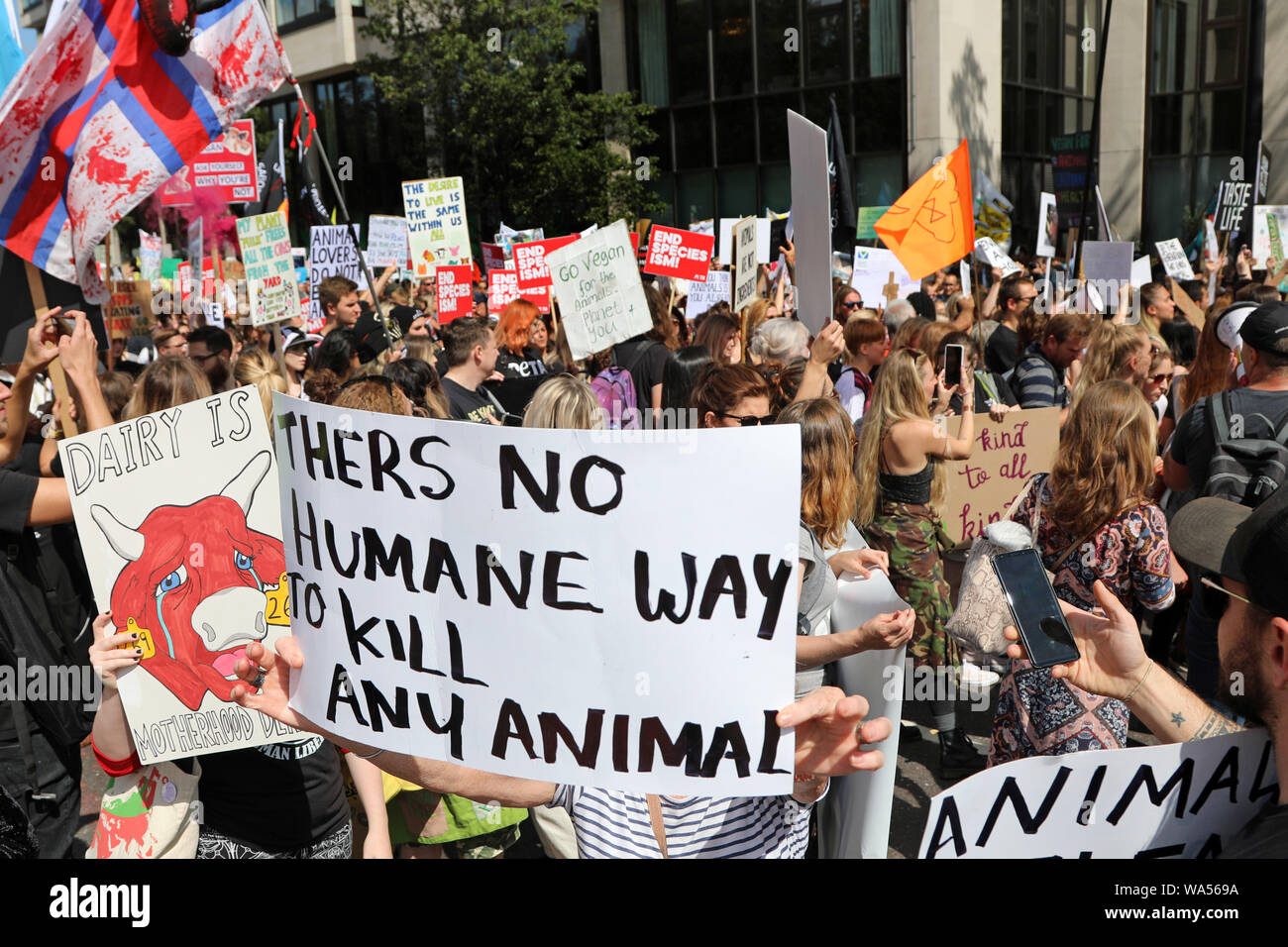 Londra, Regno Unito. Il 17 agosto 2019. I manifestanti al funzionario dei diritti degli animali marzo marciando attraverso Londra è un annuale vegan marzo protestando il trattamento degli animali e organizzato dal pompaggio. Credito: Paul Brown/Alamy Live News Foto Stock