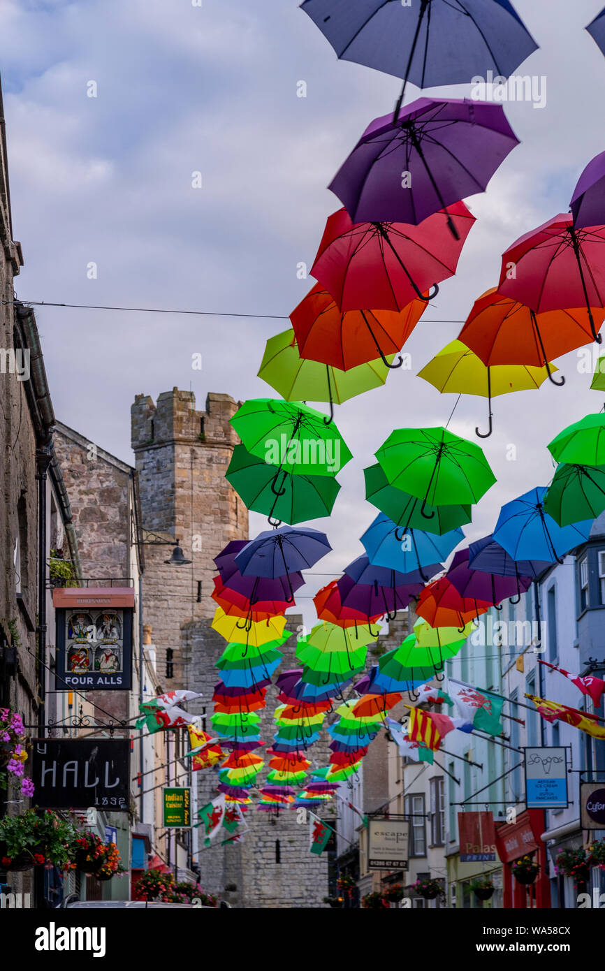 Multi-ombrelloni colorati su Palace Street, Caernarfon, il Galles del Nord Foto Stock