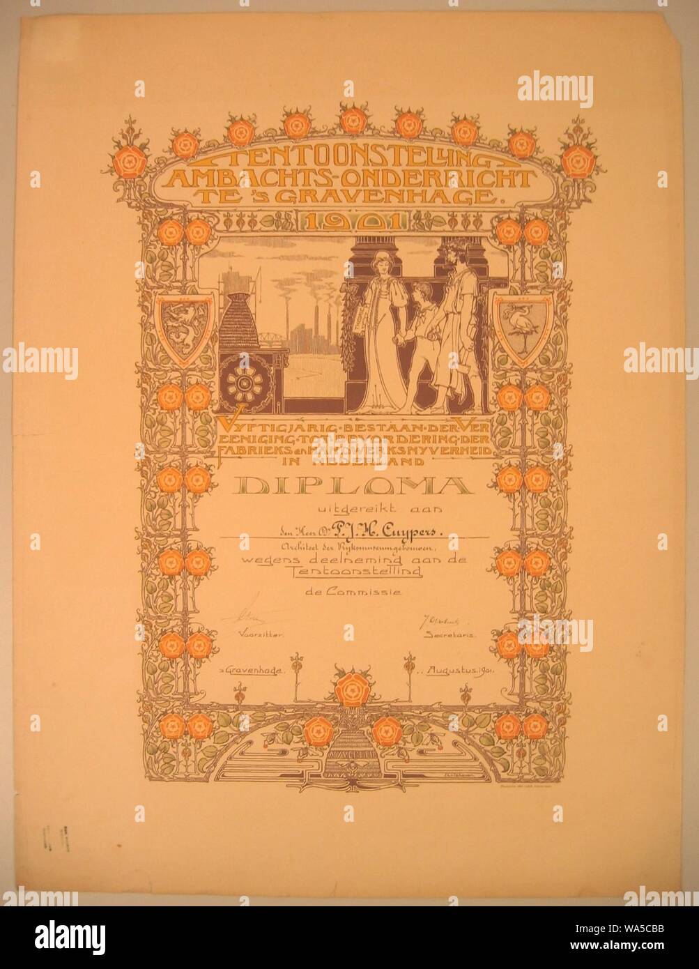 Diploma van de Tentoonstelling Ambachts-Onderricht te 's Gravenhage 1901 uitgereikt aan Pierre Cuypers Cuypershuis 0504. Foto Stock