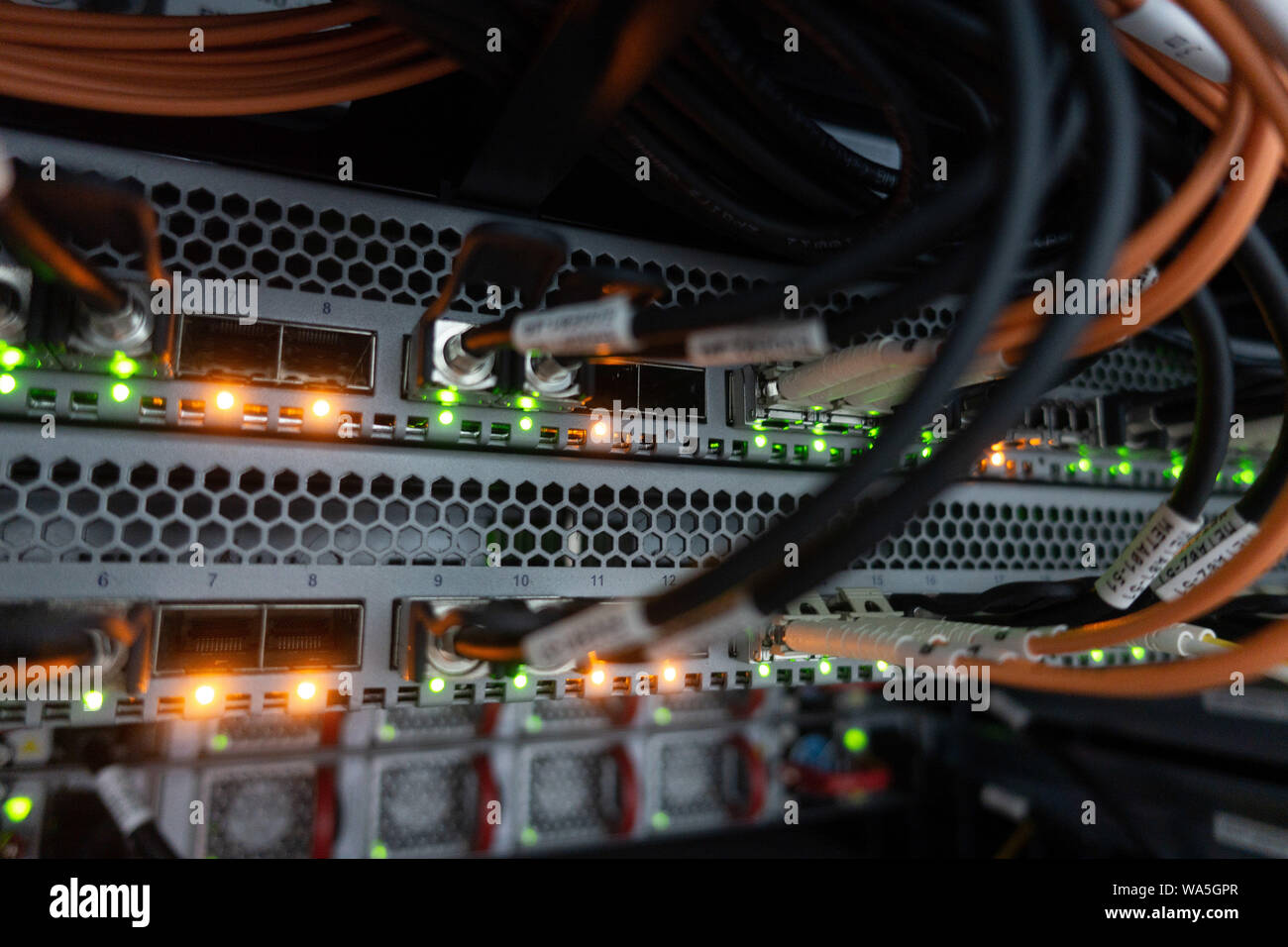 Fibra ottica con interruttore collegato i cavi FC in sala server. Foto Stock