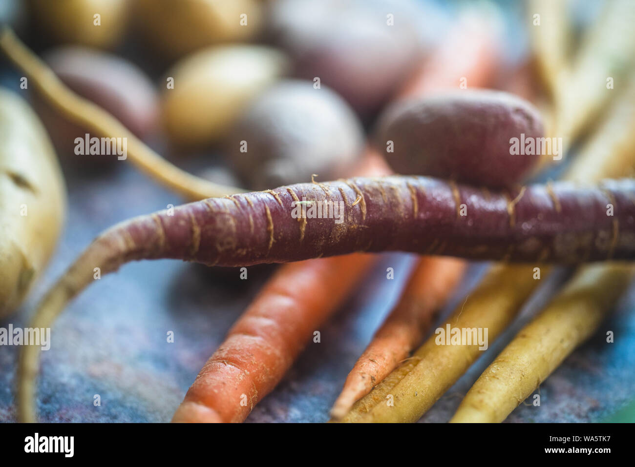 Primo piano di colorati materie carote e patate Foto Stock