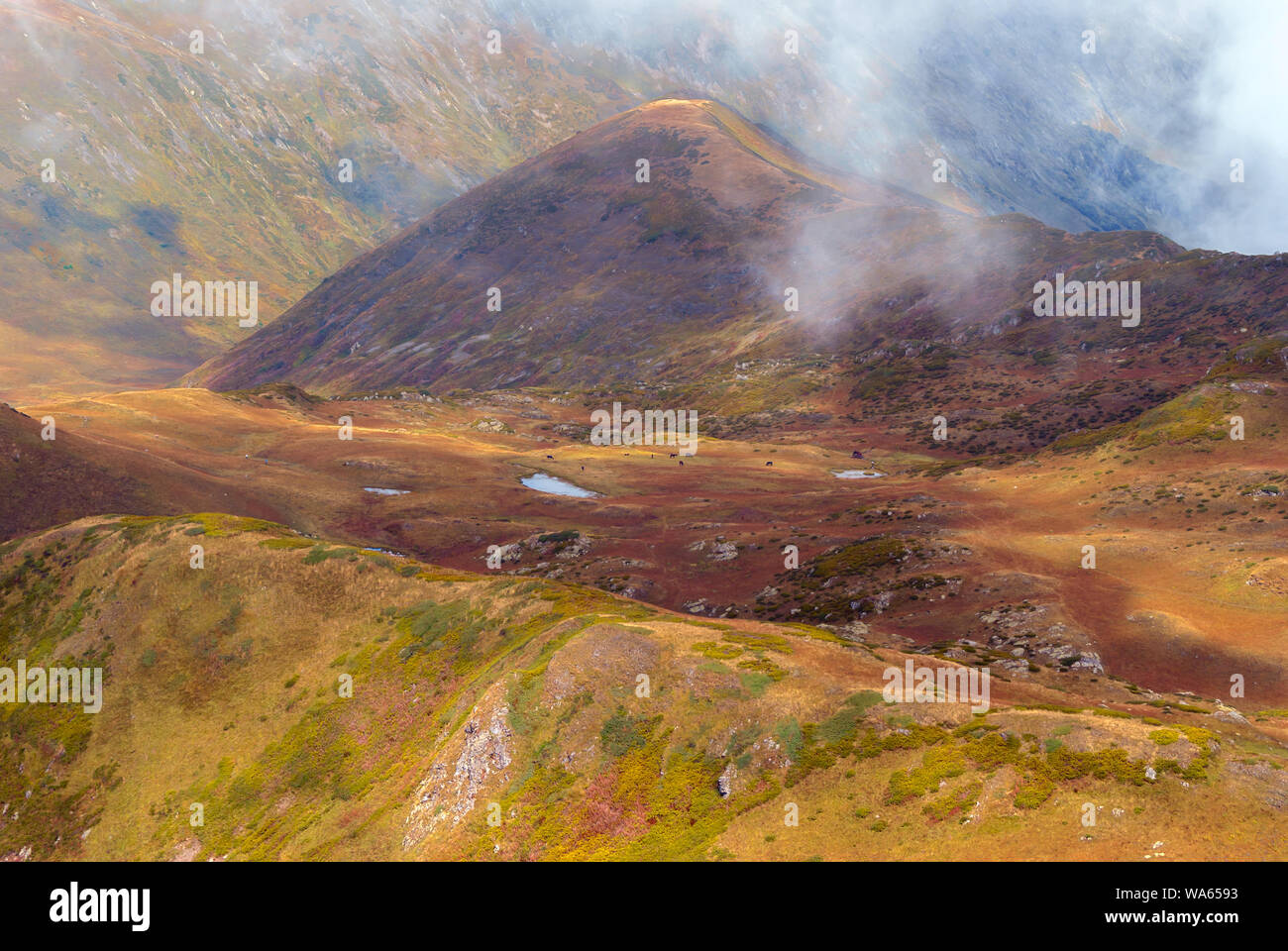 Nuvole-coperto alta valle di montagna con un lago, vista aerea Foto Stock