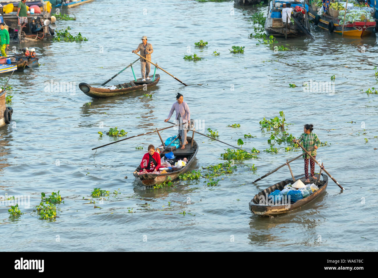 Traghetto di canottaggio donna porta i visitatori o i prodotti agricoli sul fiume mercato galleggiante , questo è il trasporto principale il nuovo anno lunare in Soc Trang, Foto Stock