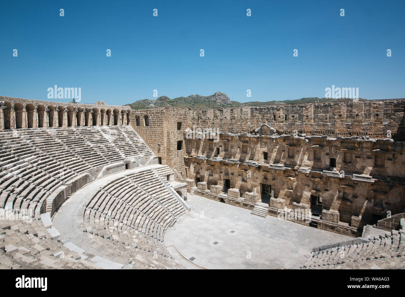 Antico anfiteatro romano di Aspendos vicino a Antalya. Destinazioni storiche concept Foto Stock