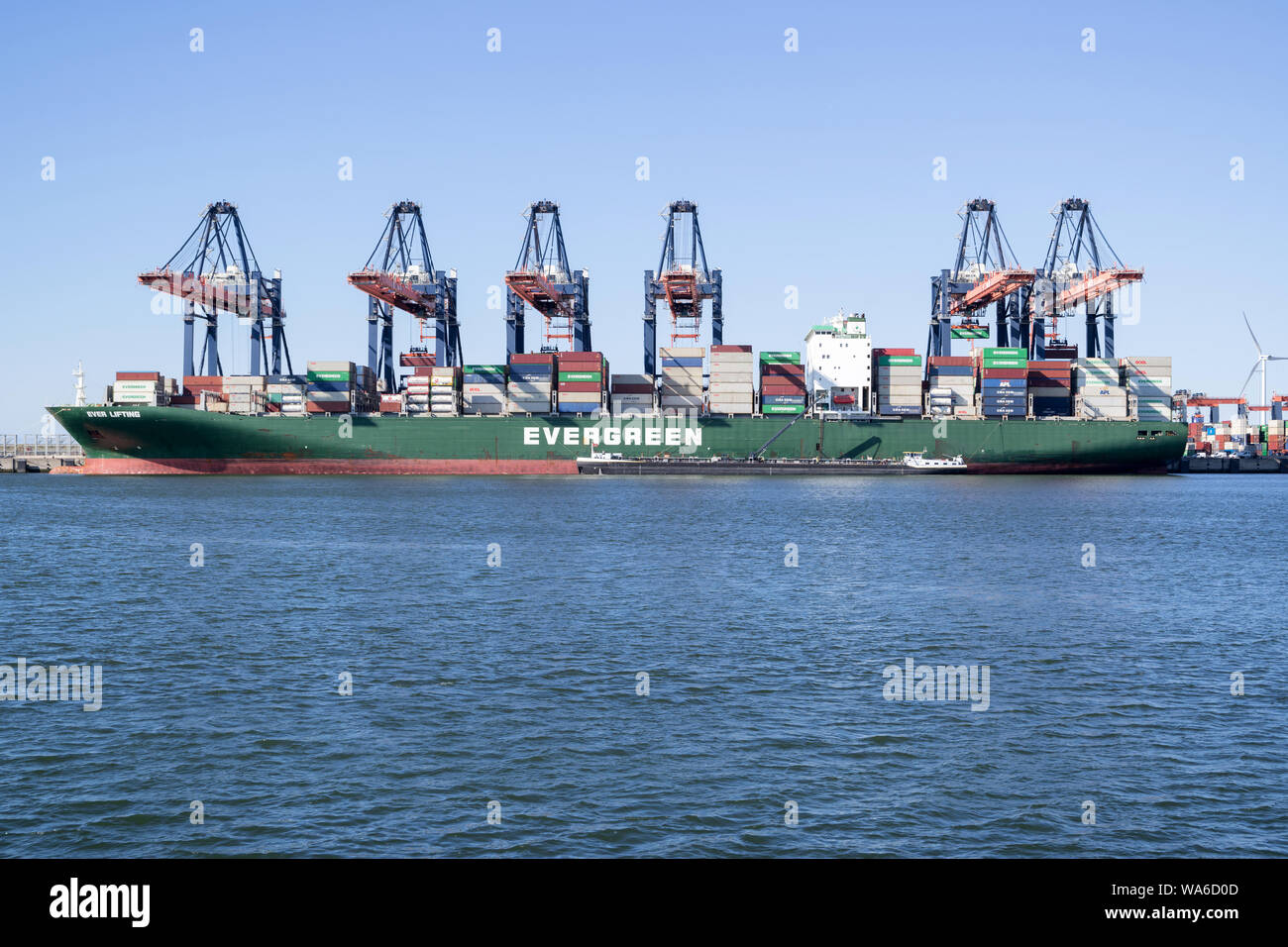 Mai il sollevamento ormeggiata presso il terminal Euromax, Rotterdam. Evergreen con sede a Taiwan è un global container trasporto merci-società di spedizione. Foto Stock